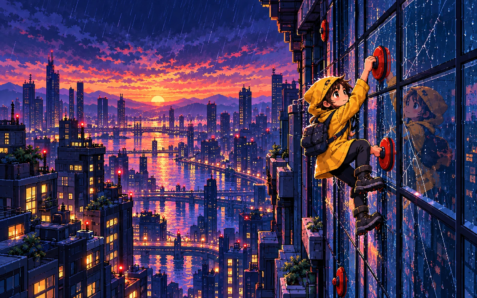 A yellow-coated climber on a glass tower above a rainy city at sunset. LAST GRIP concept art.
