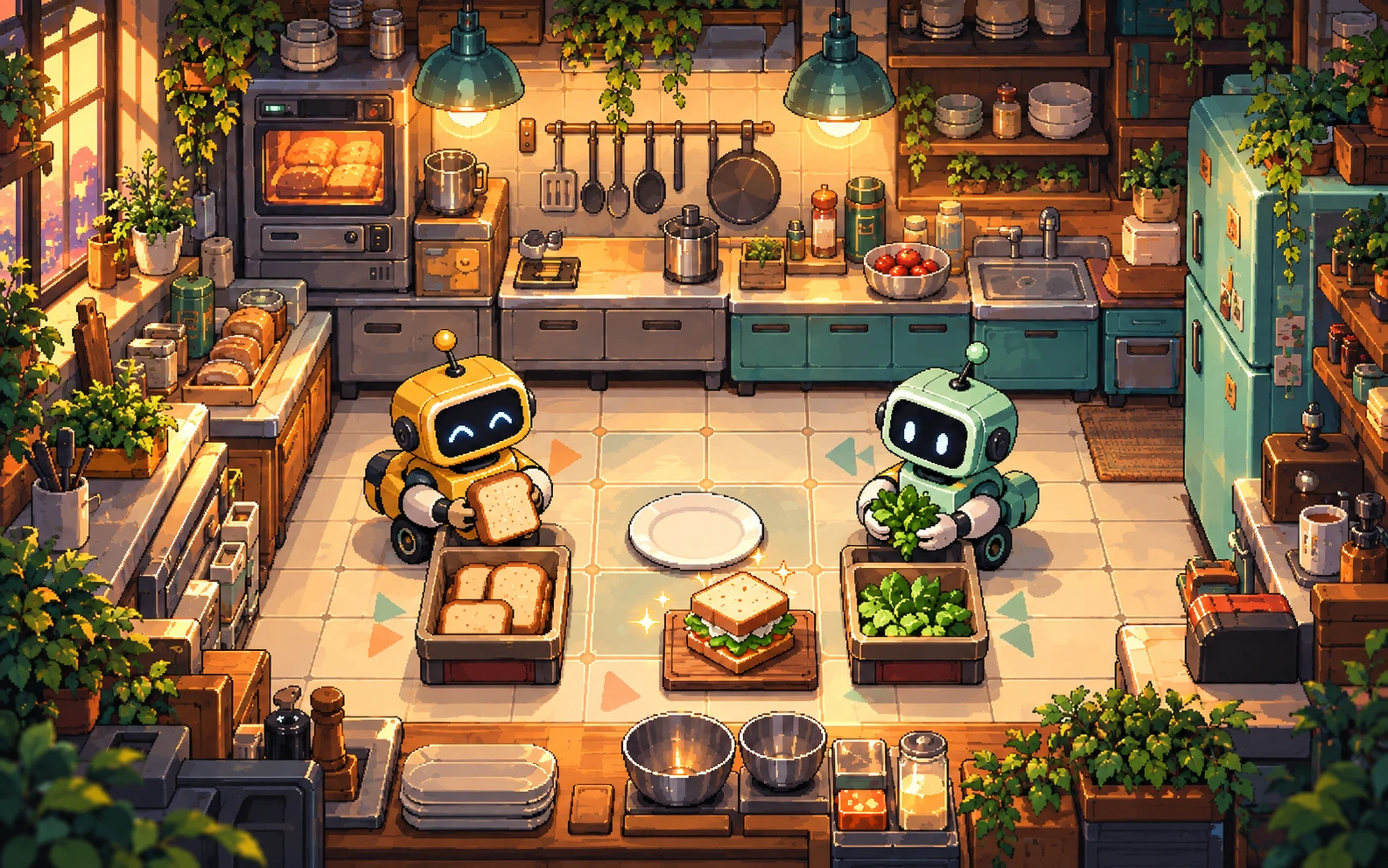 ONE BEAT KITCHEN visual concept: yellow and mint robots preparing a sandwich in a warm kitchen.